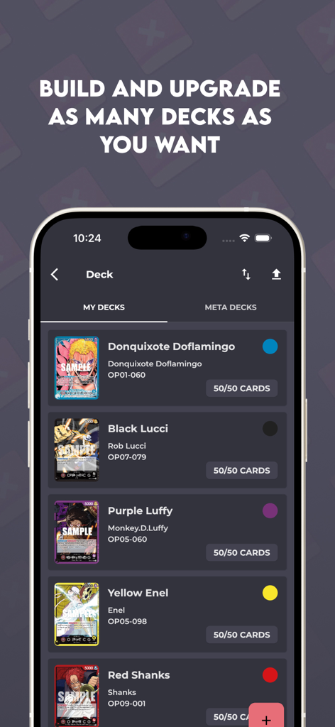 OP.TCG - A mobile app screen showing a list of custom One Piece card game decks with various leader cards like Doflamingo and Luffy.