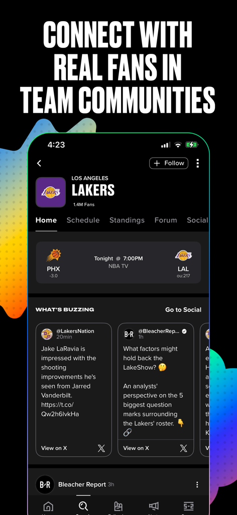 Bleacher Report: Sports News - Uma interface móvel para o aplicativo Bleacher Report mostrando uma página comunitária do time Lakers com cronogramas de jogos e atualizações de mídia social