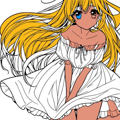 manga girl with long flowing hair and a dress that is pushed down