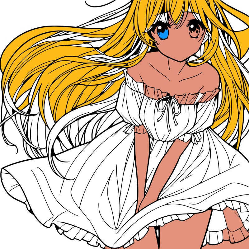 manga girl with long flowing hair and a dress that is pushed down