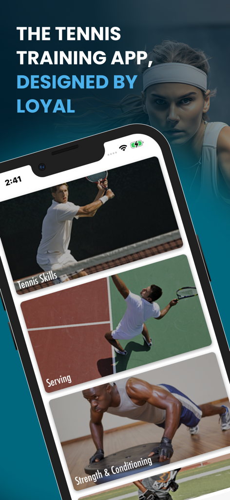 Tennis Trainings Coaching - Smartphone screen showing tennis training categories like tennis skills serving and strength and conditioning