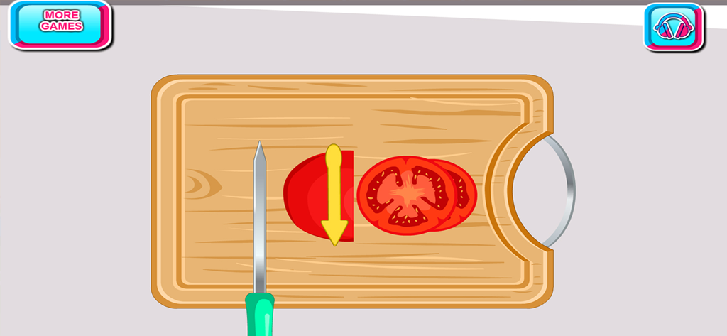A digital chef slicing a tomato on a wooden cutting board in a cooking simulation game