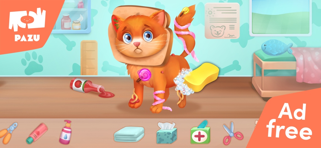 Un gatto dei cartoni animati che viene pulito con una spugna gialla in un gioco di veterinario per bambini