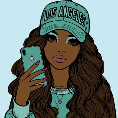 realistic beautiful girl wearing los ángeles cap holding an iphone