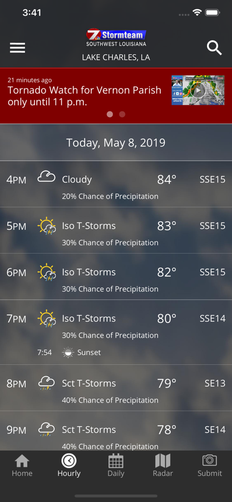 Hourly weather forecast and tornado watch alert on the KPLC 7 First Alert Weather mobile app.