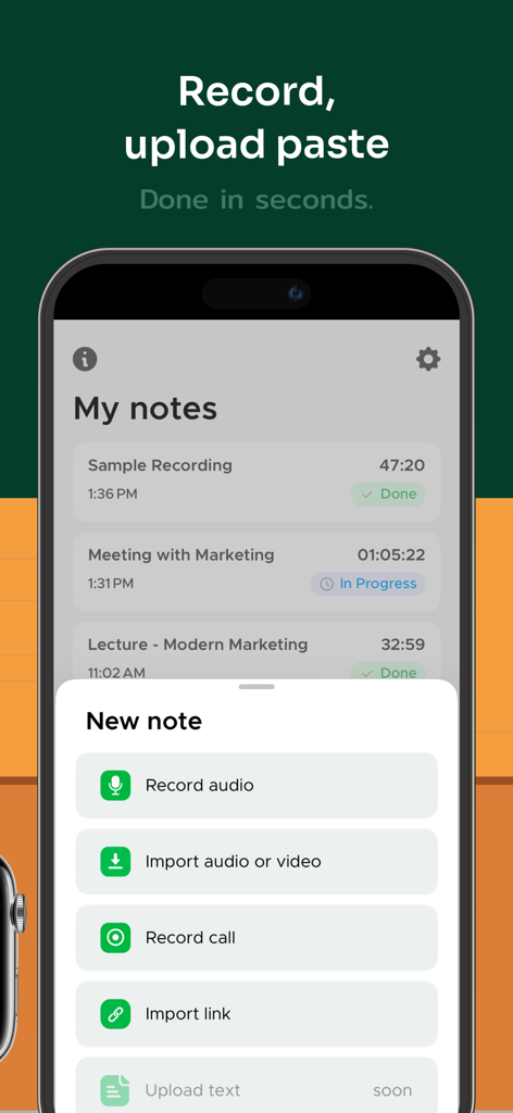 Mobile app interface showing options to record audio, import files, or paste links for transcription