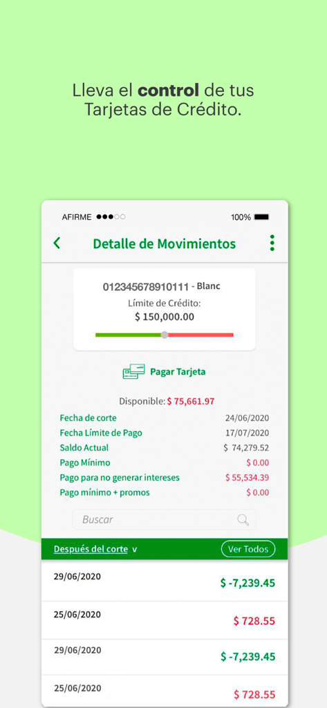 Pantalla de la aplicación Afirme Movil que muestra el historial de transacciones de la tarjeta de crédito y los detalles del saldo de la cuenta