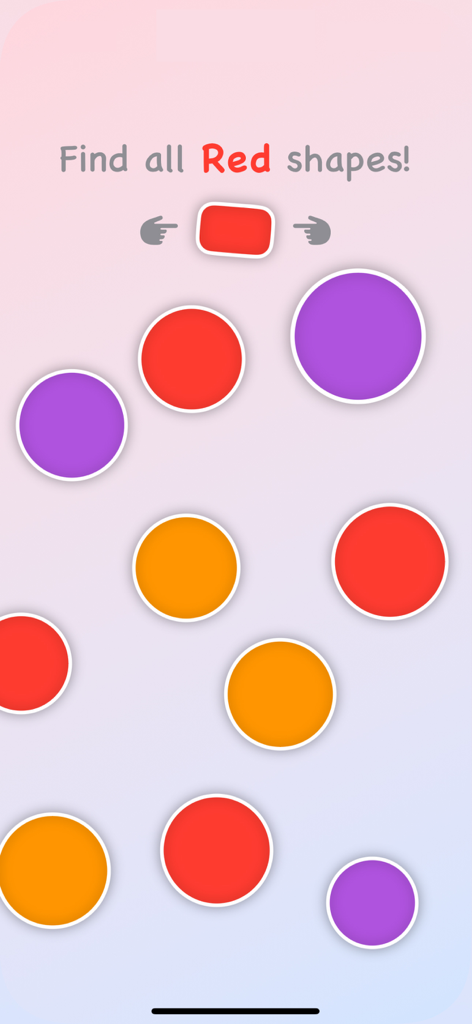 Interactive color recognition game screen from the Learn Colors app showing a Find all Red shapes activity for toddlers.