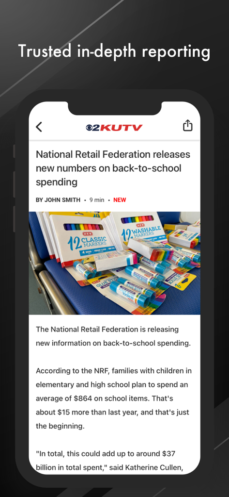 KUTV TV - Screenshot of the KUTV news app displaying a detailed news article about back to school spending with the tagline trusted in depth reporting