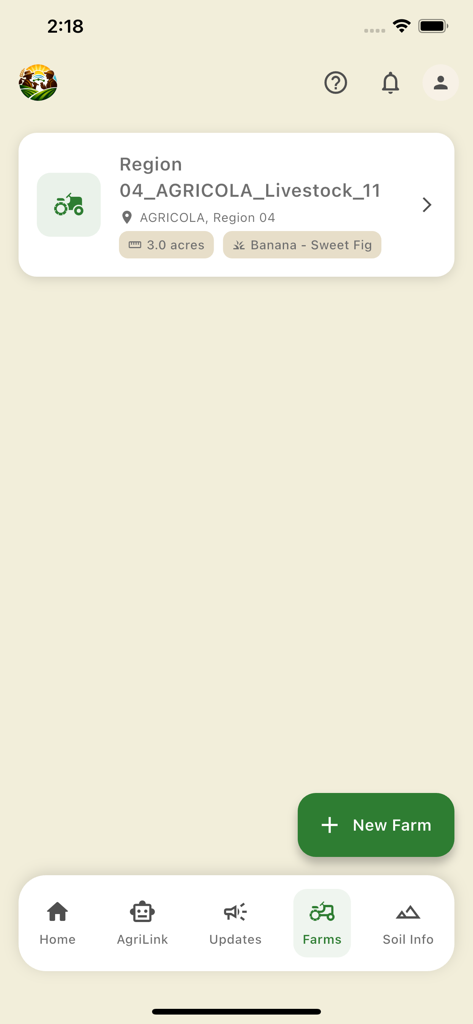 FarmersConnectGY - 등록된 농장 카드와 새 농장 버튼을 보여주는 FarmersConnectGY 앱 인터페이스