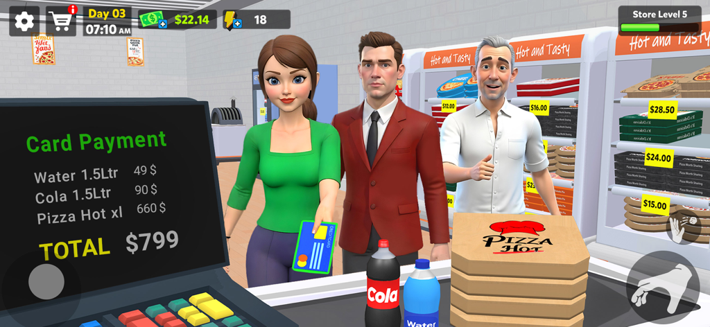 Pizza Shop Simulator 3D - Vista en primera persona de un cliente pagando con tarjeta de crédito en el mostrador de pago de la pizzería