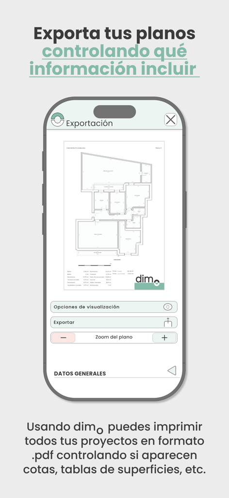di-mo - Screenshot of di-mo app showing the floor plan export settings and PDF preview