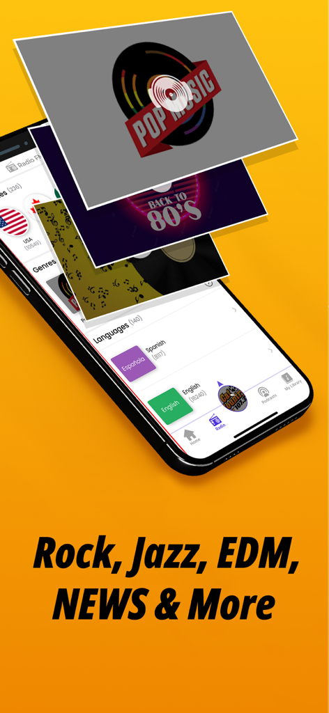 Radio FM: Music, News & Sports - Radio FM app displaying music genres and language options on a smartphone