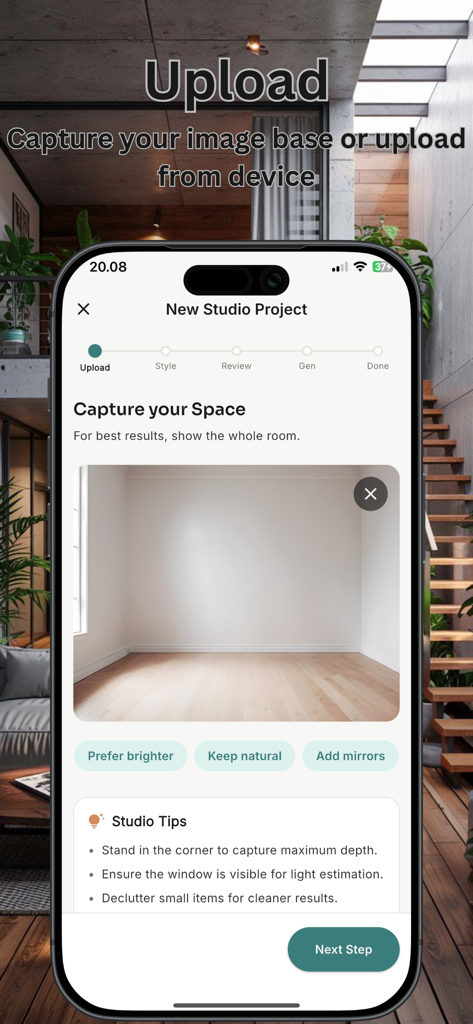 AI Apartment & Studio Planner - A mobile app interface for the AI Apartment and Studio Planner showing the step to upload an empty room photo with tips for better capture results.