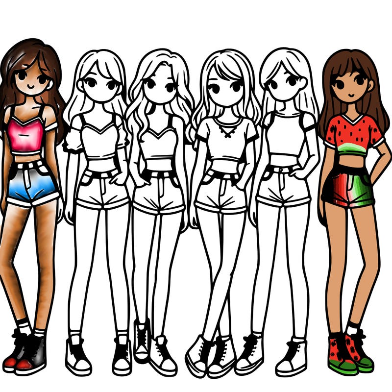 a group of girls wearing crop tops and shorts