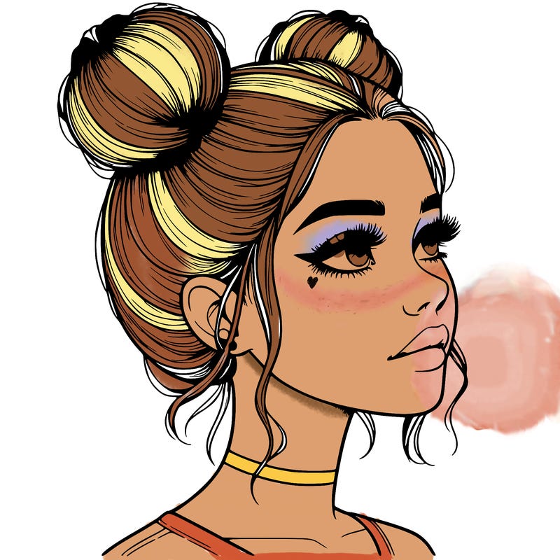 realistic girl with buns on the top of her head
