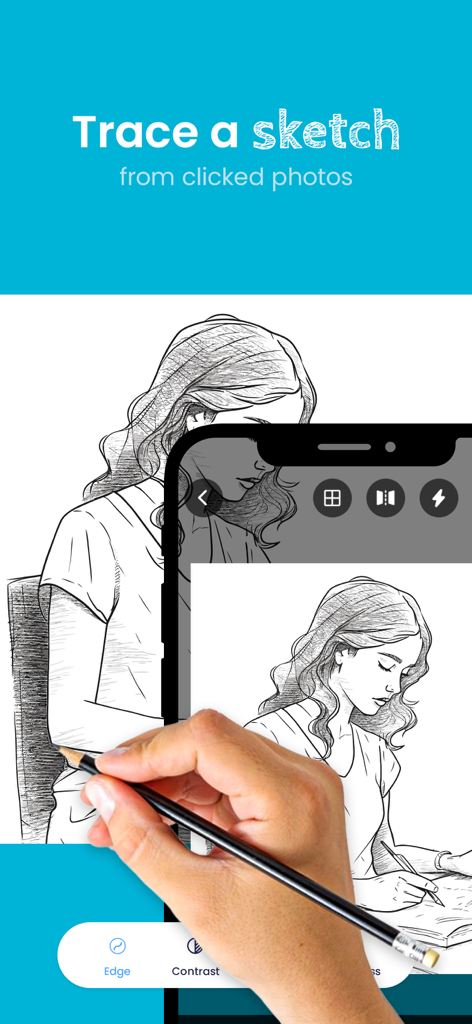 AR Draw - Paint & Sketch - Una persona usando la aplicación AR Draw para calcar una foto de una mujer en papel con un lápiz