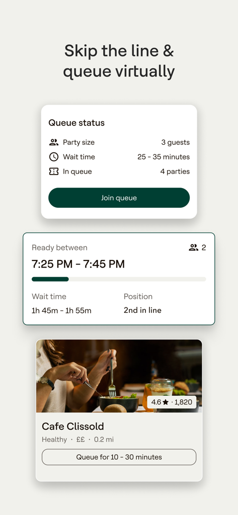 Dojo: Dining Experiences - Interface do aplicativo móvel para Dojo mostrando o status da fila virtual e os tempos de espera do restaurante.