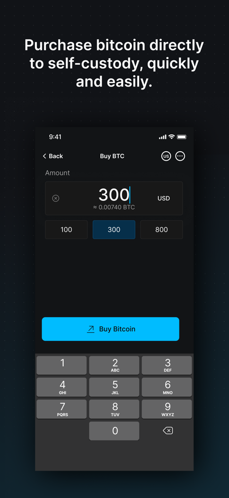 Blockstream Green app interface showing a user purchasing 300 USD worth of Bitcoin for self-custody