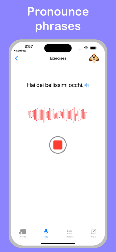 Übung zur Aussprache in der Italienisch Plus-App, die Spracherkennung für den Satz Hai dei bellissimi occhi zeigt