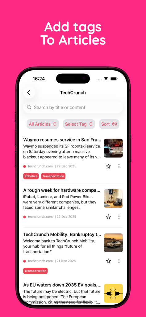 RSS Reader - Zers - カスタムタグと検索機能を持つ記事リストを表示するZers RSSリーダーアプリ。