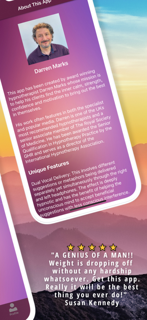 About section of the Easy Weight Loss app featuring hypnotherapist Darren Marks and a five-star user review
