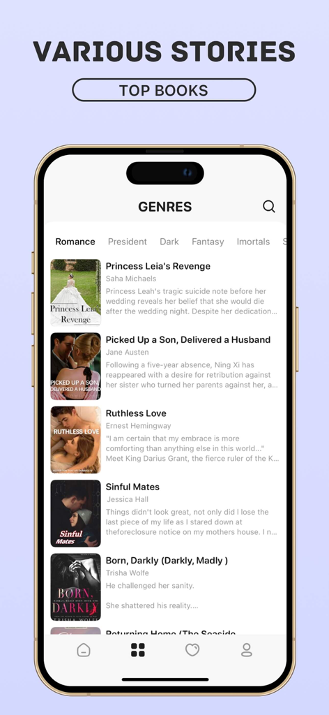 Pup Leer - Romance Novels - Pup Leerアプリが表示され、様々なロマンス小説のジャンルとトップブックのリストが表示されているスマートフォン画面