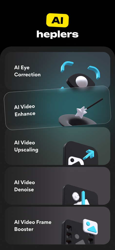 アイ（eye）補正や動画エンハンスメントを含む、LiroのAI動画編集機能のメニュー