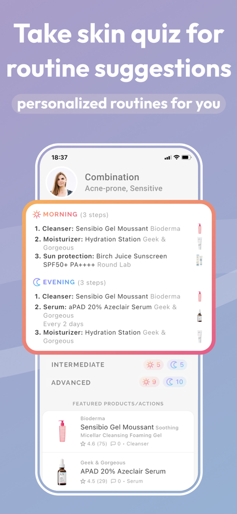 A personalized skincare routine with morning and evening steps in the FeelinMySkin app
