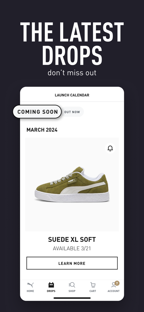 PUMA | Clothes & Sneakers App - Interfaccia dell'app mobile PUMA che mostra gli ultimi drop di sneaker e il calendario delle uscite per le prossime