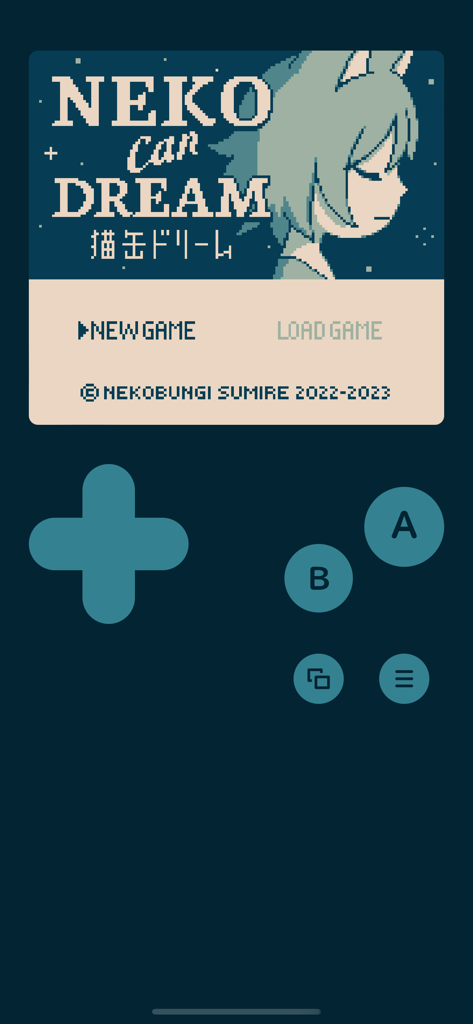 Neko Can Dream - The title screen of the Neko Can Dream mobile game featuring retro 8-bit pixel art and a virtual handheld console interface with a D-pad and action buttons.