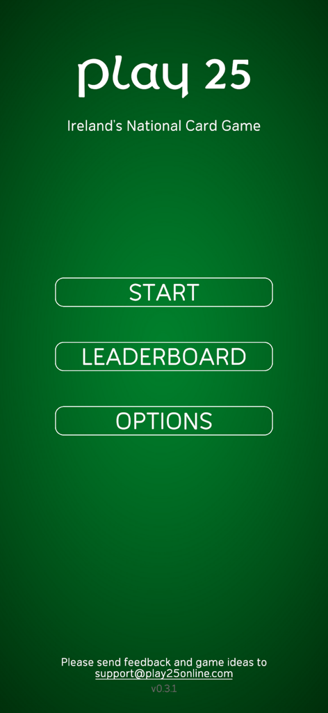 Main menu of the Play 25 app showing Start, Leaderboard, and Options buttons on a green background.