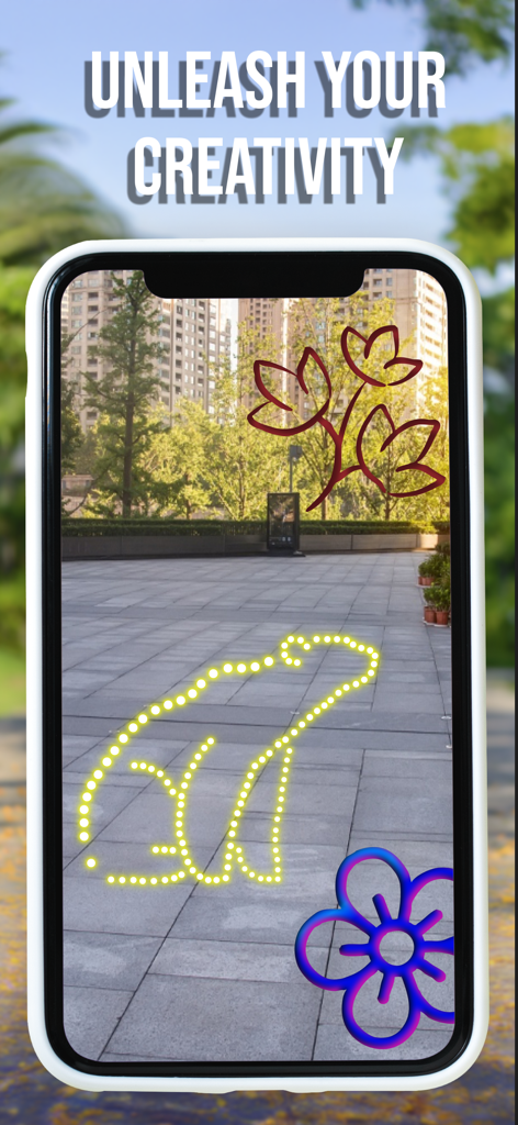 Magic Art - Augmented Reality - iPhone displaying augmented reality neon drawings of animals and flowers in a city square