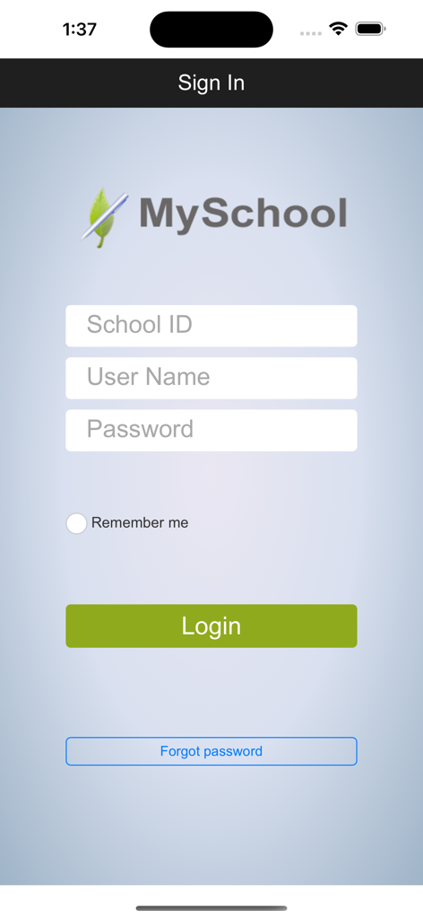 Login screen for the MySchool SMS app displaying fields for School ID, User Name, and Password