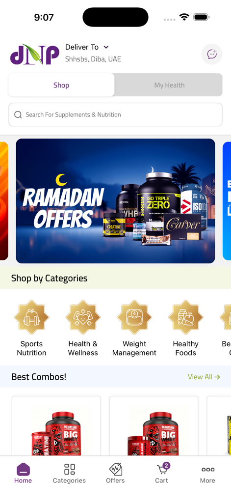 Dr Nutrition - Dr Nutrition mobile app home screen showing health supplements categories and promotional offers