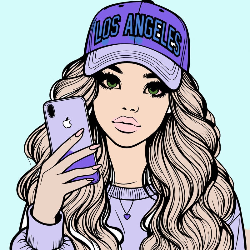 realistic beautiful girl wearing los ángeles cap holding an iphone