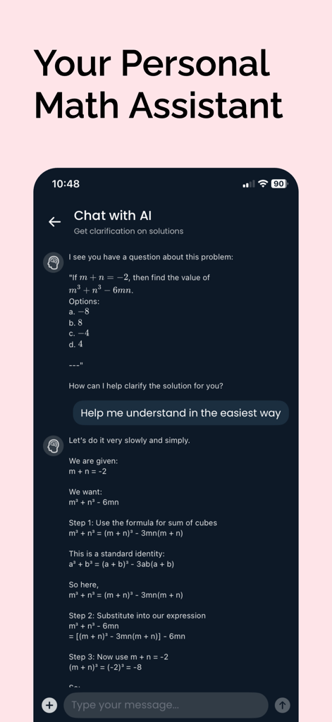AI Math Solver Homework Helper - A chat interface of the AI Math Solver app showing a step by step algebra solution for a student