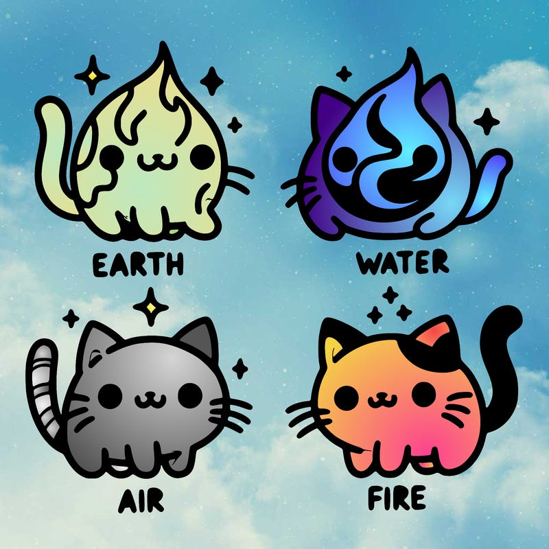 4 cats that represent the different elements, earth, water, air, and fire