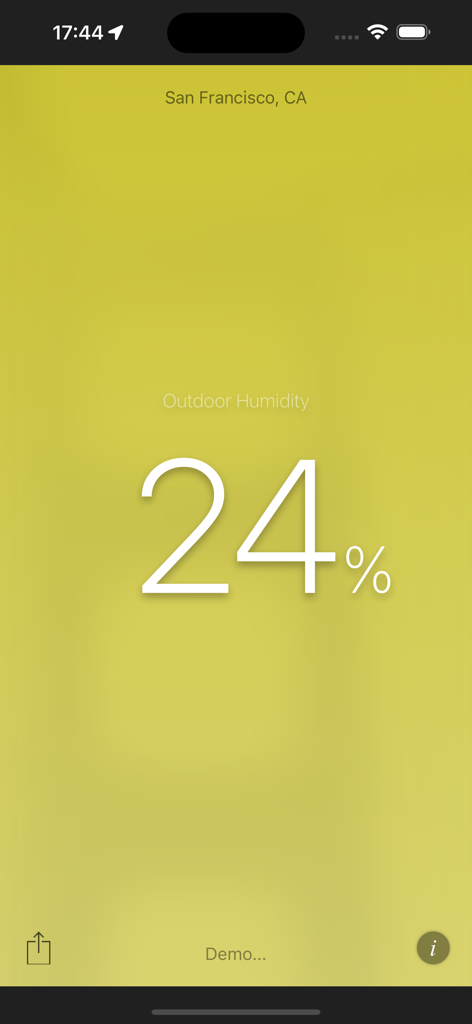 Humidity App screen showing 24 percent outdoor humidity in San Francisco