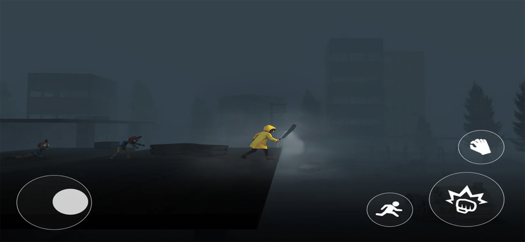 The Escape Inside: Story Game - Un personaje con un impermeable amarillo explora un entorno oscuro y brumoso en el juego de historia The Escape Inside