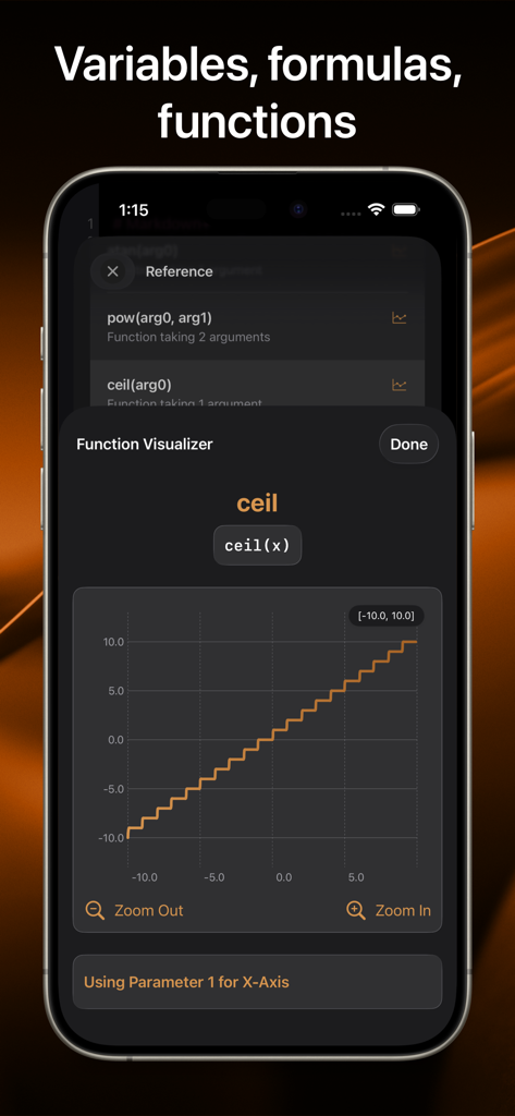 Markdown+ Text & Code Editor - Markdown Plus app displaying a math function visualizer with a step graph for the ceil function on an iPhone screen.