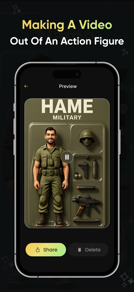 Uma tela de prévia mostrando uma figura de ação militar gerada por IA dentro de uma embalagem de caixa de brinquedo 3D.