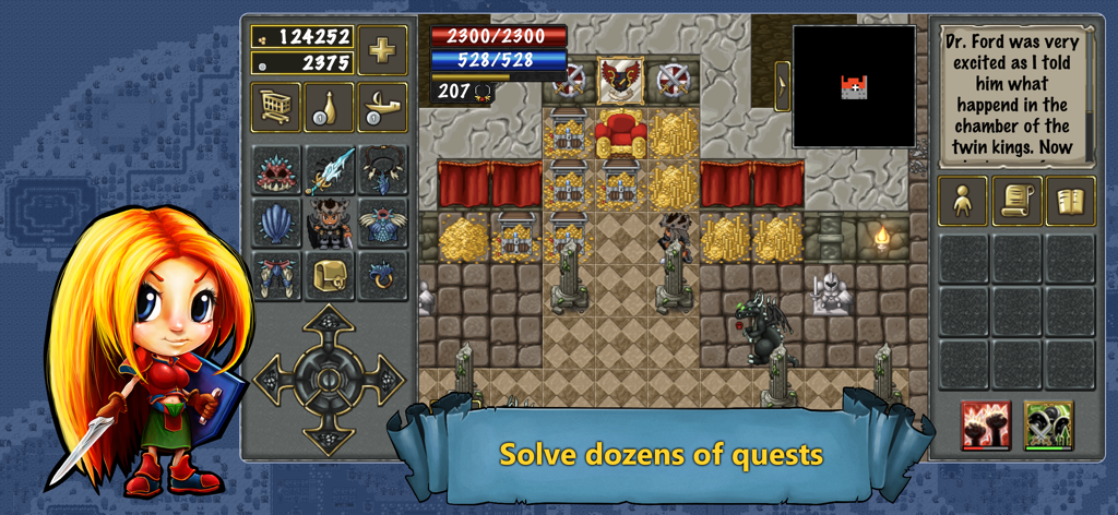 TibiaME - MMORPG - TibiaME 2D retro gameplay showing character inventory and a treasure room quest scene