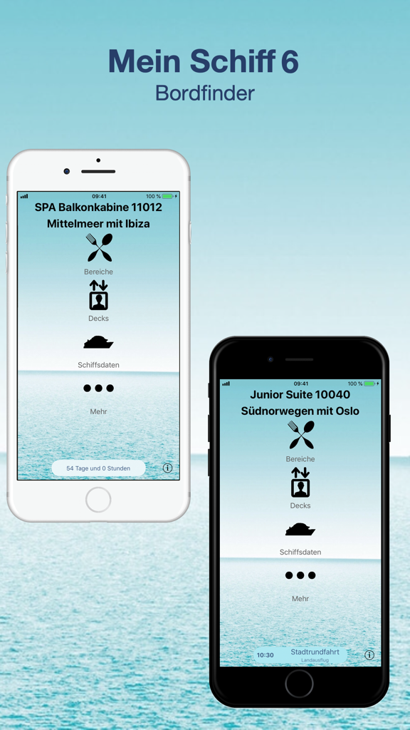 Visualizzazione dell'app Mein Schiff 6 Bordfinder su iPhone che mostra piani ponte della crociera e informazioni sulla nave