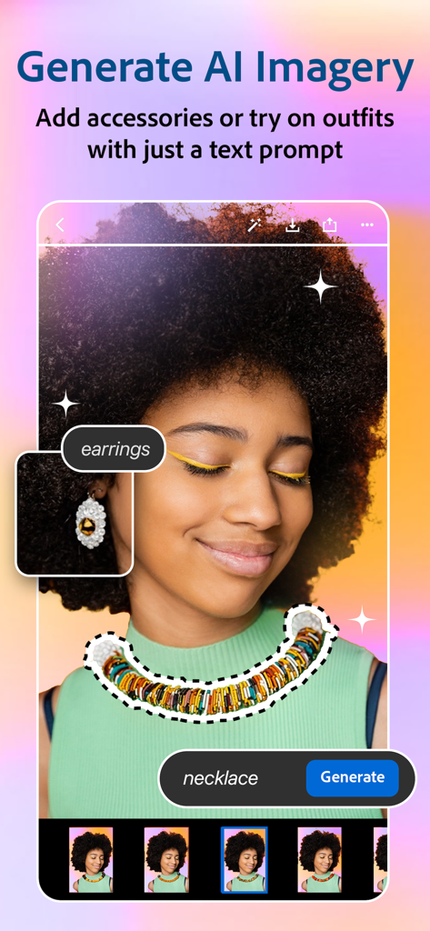 Una pantalla de aplicación móvil que muestra la función de generación de imágenes IA de Photoshop Express, donde un usuario añade un collar y pendientes a un retrato mediante indicaciones de texto.