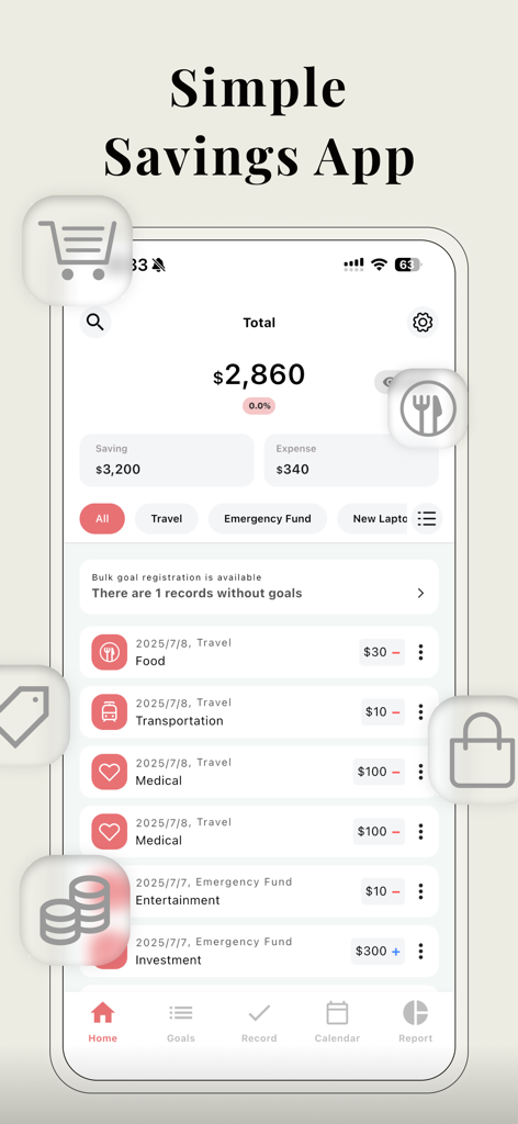 SaveNote-Goal based Budgeting - SaveNote app interface showing a dashboard for tracking savings goals and expenses
