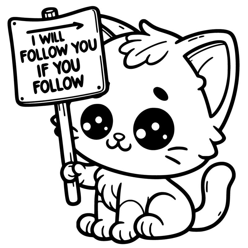 little kitten holding a sign that says i will follow you if you follow me