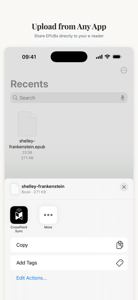 CrossPoint Sync - Interface showing how to upload EPUB books from any app to CrossPoint Sync using the iOS share sheet