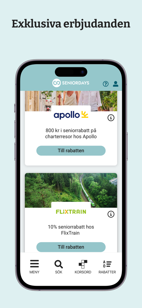 SeniorDays - SeniorDays app interface displaying exclusive travel discounts for seniors