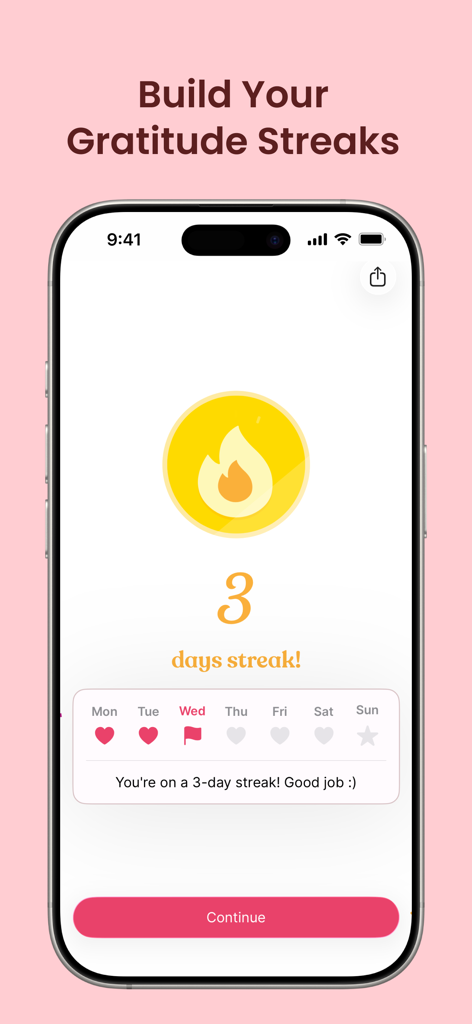 Gratitude: Self-Care Journal - Mobile screen showing a three day streak in the Gratitude journal app